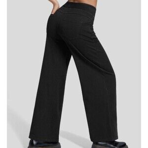 Halara Flex Stretch Knit Denim High Waist Wide Leg Pull On Jeans Black Sz Large
